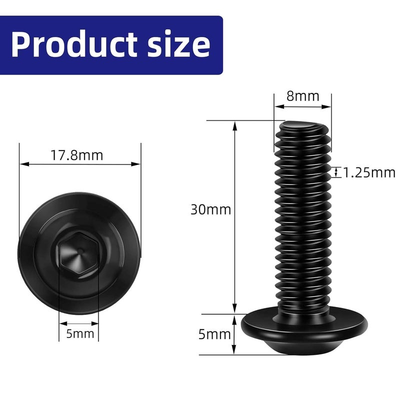 Etauwe 20-Piece M8-1.25 x 30mm Flange Button Head Screws - Black 304 Stainless Steel Socket Head Screws, Allen Hex Drive & Bit Included, Full Thread Machine Bolts - Image 2